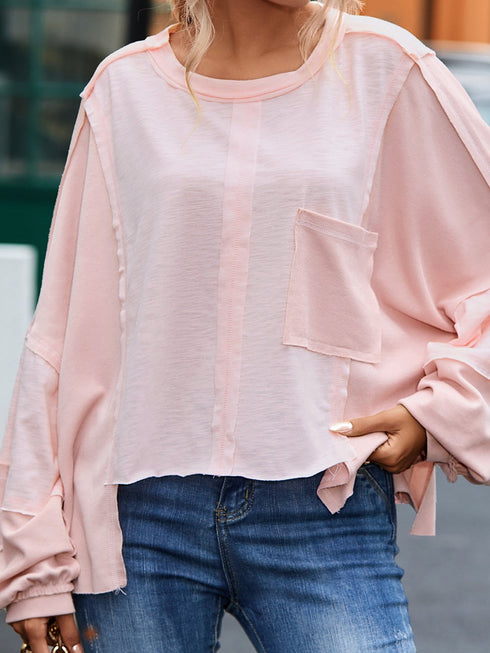 pink-exposed-seam-chest-pocket-loose-sleeve-oversized-top
