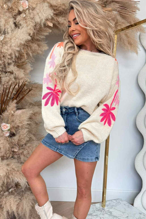 Beige Embroidered Floral Sleeve Round Neck Loose Sweater