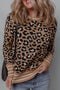 Brown Leopard Print Buttoned Sleeve Contrast Striped Edge Sweater