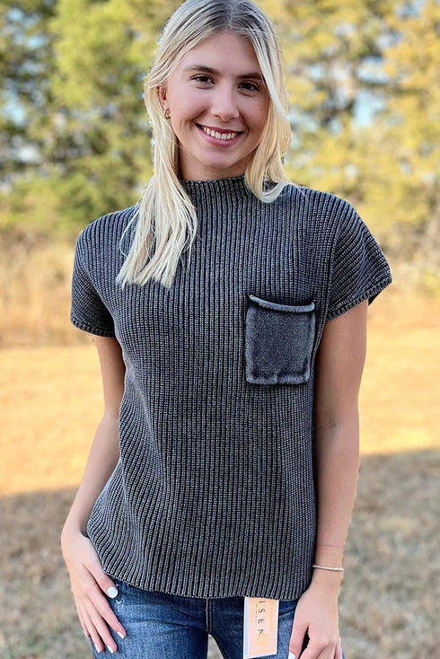 Black Mineral Wash Ribbed Knit Patched Pocket Short Sleeve Loose Sweater