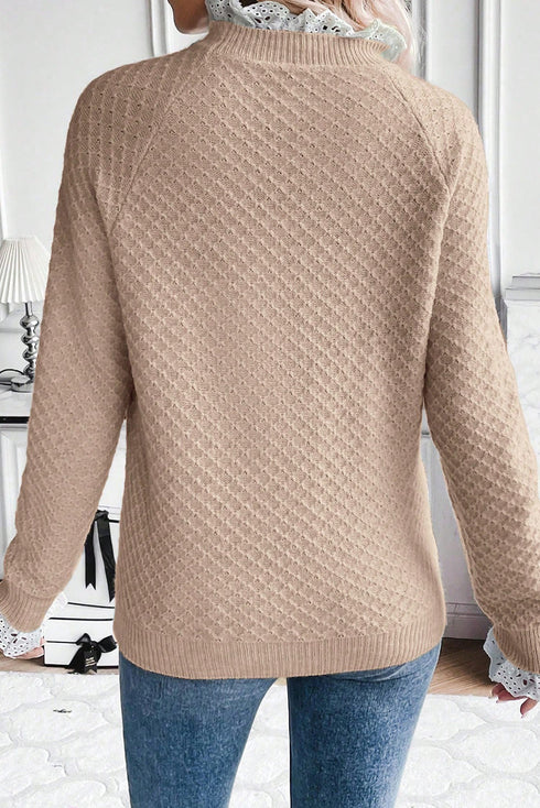 Beige Contrast Lace Frilled Trim Raglan Sleeve Sweater