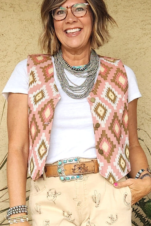 Pink Western Aztec Print Cropped Vest
