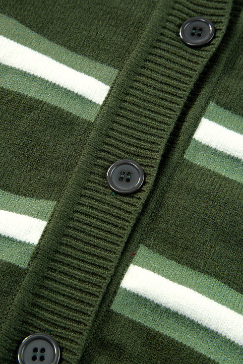 Green Stripe Drop Shoulder Buttons Cardigan Sweater