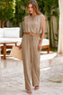 Pale Khaki Solid Color Keyhole Puffy Tank Drawstring Loose Pants 2pcs Outfit