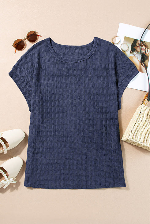 Sail Blue Solid Color Textured Batwing Sleeve Tee