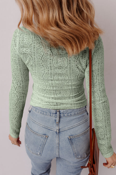 Smoke Green Semi Sheer Lace Long Sleeve Cropped Top