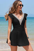 Black Ruffled Short Sleeve Lace Trim V Neck One Piece Swim Dress