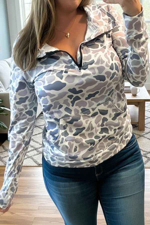 Multicolour Plus Camouflage Print Quarter Zip Kangaroo Pocket Pullover Sweatshirt
