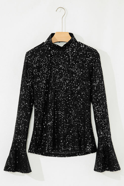 Black Sequin Mock Neck Drape Open Back Bell Sleeve Top
