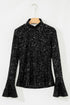 Black Sequin Mock Neck Drape Open Back Bell Sleeve Top