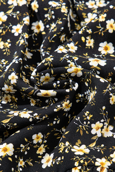 Black Floral Print Wrap V Neck Short Sleeve High Waistband Mini Dress