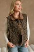 Khaki Stitched Leopard Print Corduroy Trim Contrast Collar Patchwork Vest