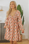 Beige Floral Deep V Neck Smocked Bust Bubble Sleeve Babydoll Dress