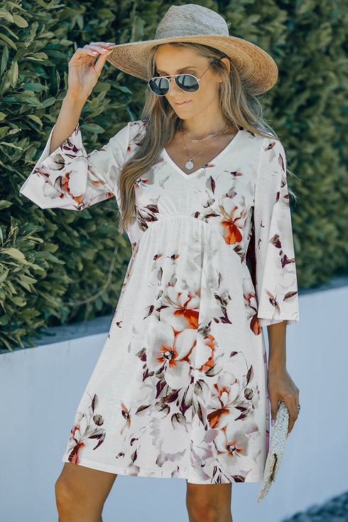 printed-lace-up-lapel-waist-short-sleeved-midi-dress