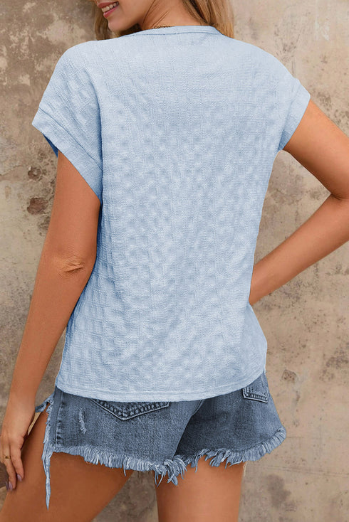 Sky Blue Solid Color Textured Batwing Sleeve Tee