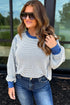 Dark Blue Waffle Knit Exposed Stitching Casual Top with Side Slits
