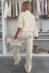Beige Half Button Pullover Drawstring Pants Solid Color Corduroy 2pcs Outfit