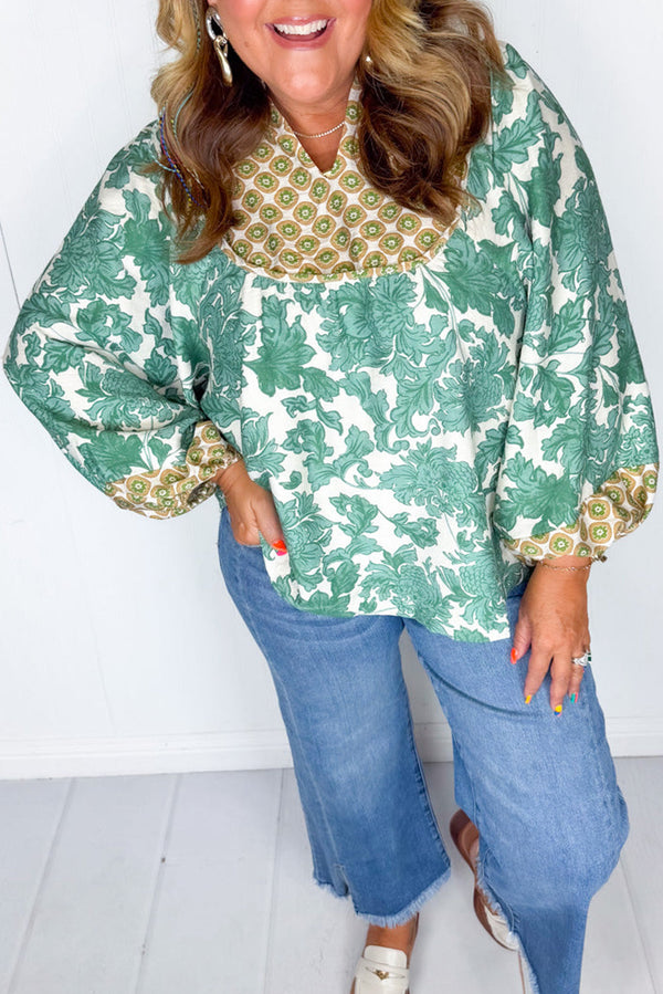 Green Plus Size Floral Print Mixed Patchwork Notched Neck Long Sleeve Blouse