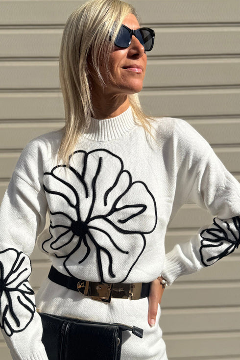 White Floral Embroidered Mock Neck Mini Sweater Dress