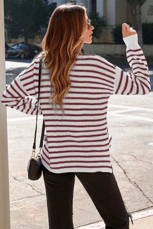 Fiery Red Striped Knit Split Hem Baggy Sweater
