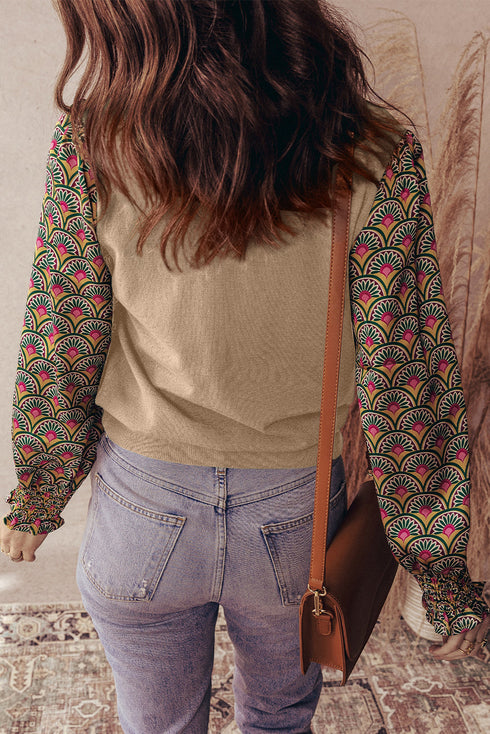 Apricot Floral Patchwork Shirred Cuff Puff Sleeve Sweater