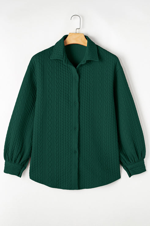 Blackish Green Cable Texture Puff Sleeve Loose Shacket