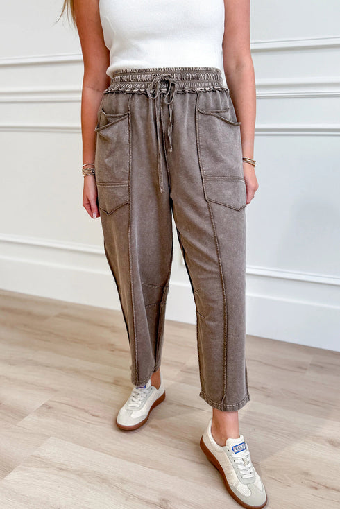 Dark Brown Mineral Wash Exposed Seam Detail Drawstring Elastic Waist Loose Pants
