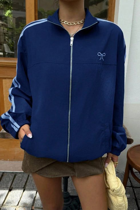 Bluing Bow Embroidered Detail Zip Up Sweatshirt Womens Jacket