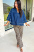 Sail Blue Polo Collar V Neck 3/4 Sleeve Loose Denim Top
