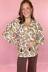 Khaki Abstract Floral Print Tassel Tie Neck Long Sleeve Blouse