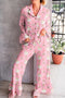 Pink Christmas Print Ruffled Ribbed Shirt & Pants 2 Piece PJ Set
