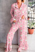 Pink Christmas Print Ruffled Ribbed Shirt & Pants 2 Piece PJ Set