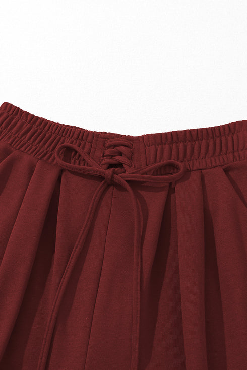Burgundy Tied Elastic High Waist Pleated Detail Solid Sweatpants