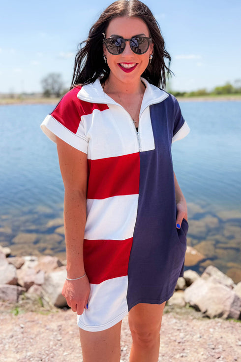 Navy Blue Americana Colorblock Stripes Zip up Collared T Shirt Mini Dress