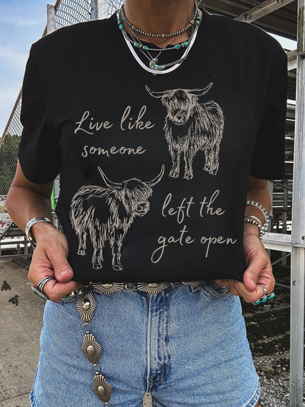 black-western-cow-print-round-neck-casual-tee