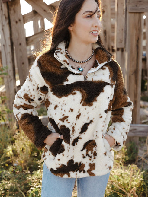 zip-collar-cow-print-fleece-sweatshirt