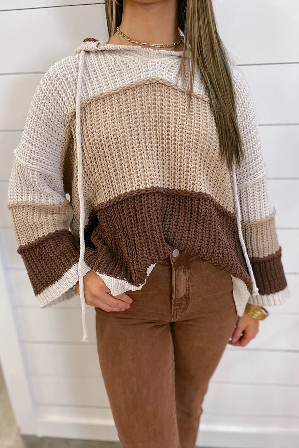 Brown Color Block Patchwork Knit Drawstring Hooded Baggy Sweater