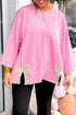Pink Floral Bow Patched Exposed Seam Patchwork Slit Baggy Sweatshirt