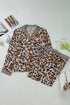 Khaki Plus Leopard Print Contrast Piping Striped Patchwork 2pcs Long Pajama Set
