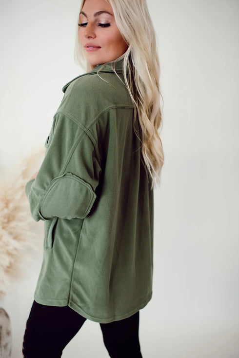 Smoke Green Solid Color Exposed Seam Patchwork Button Down Fleece Shacket