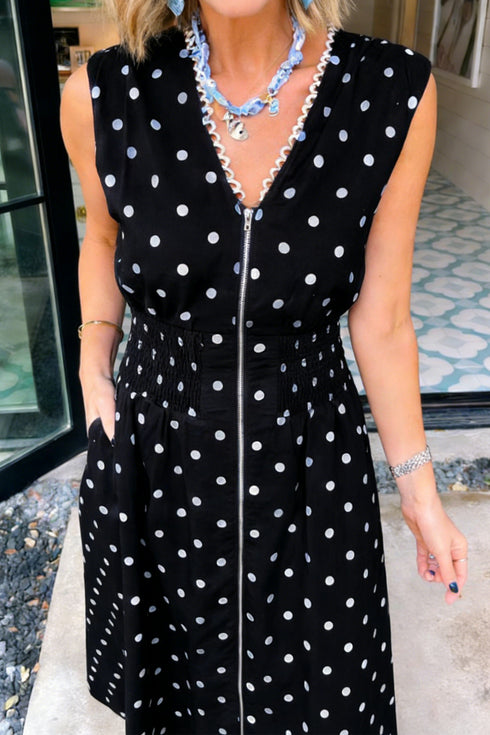 Black Polka Dot Print Contrast Trim V Neck Zip Up Sleeveless Dress