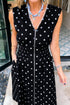 Black Polka Dot Print Contrast Trim V Neck Zip Up Sleeveless Dress