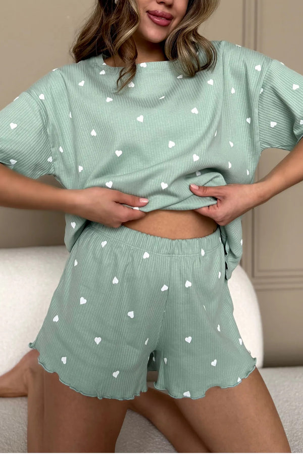 Moonlight Jade Valentine Heart Shape Print Ribbed Knit Short Lounge Set