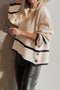 Beige Ribbed Knit Contrasted Stripe Detail Button Side Loose Sweater