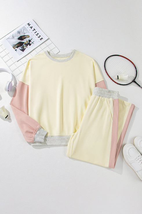 Apricot 2pcs Color Block Pullover Loose Pant Set