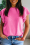 Sachet Pink Solid Color Ribbed Trim Round Neck Ruffle Short Sleeve Sweater