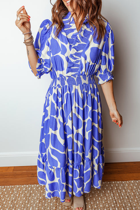 Sky Blue Abstract Print Smocked Waist Puff Half Sleeve Maxi Dress