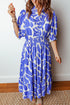 Sky Blue Abstract Print Smocked Waist Puff Half Sleeve Maxi Dress