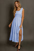 Sky Blue Shirred Pleated Square Neck Sleeveless Midi Dress