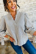 Black Stripe Knotted Cuff Long Sleeve V Neck Blouse